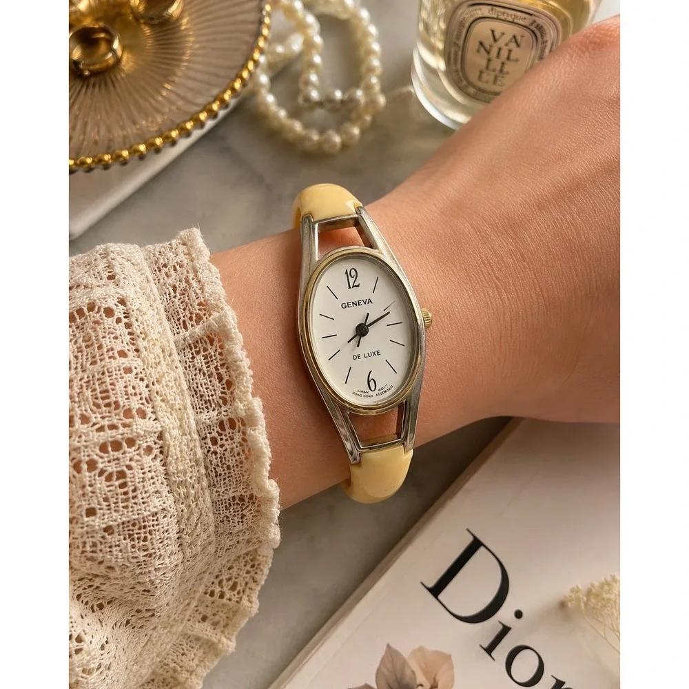 Vintage Geneva De Luxe Bangle Watch Two Tone Cream Japan Movement Untested